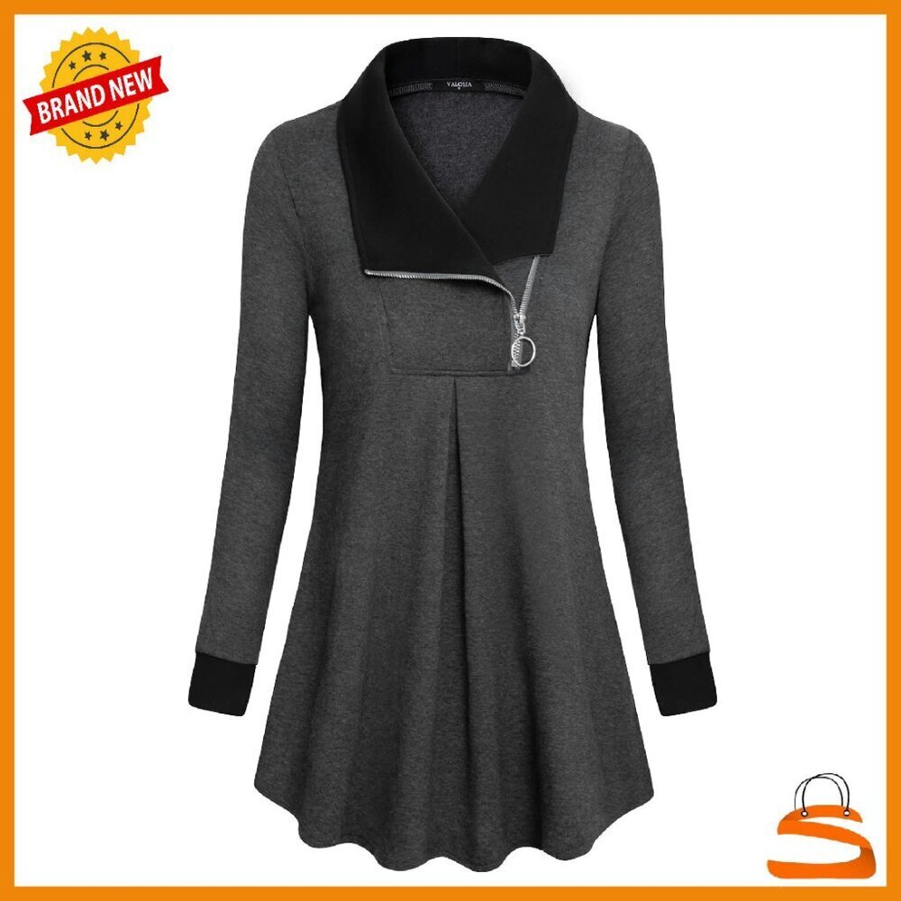 Long Sleeve Zipper Lapel Sweatshirt Tunic - Soft Stretchy Loose Fit